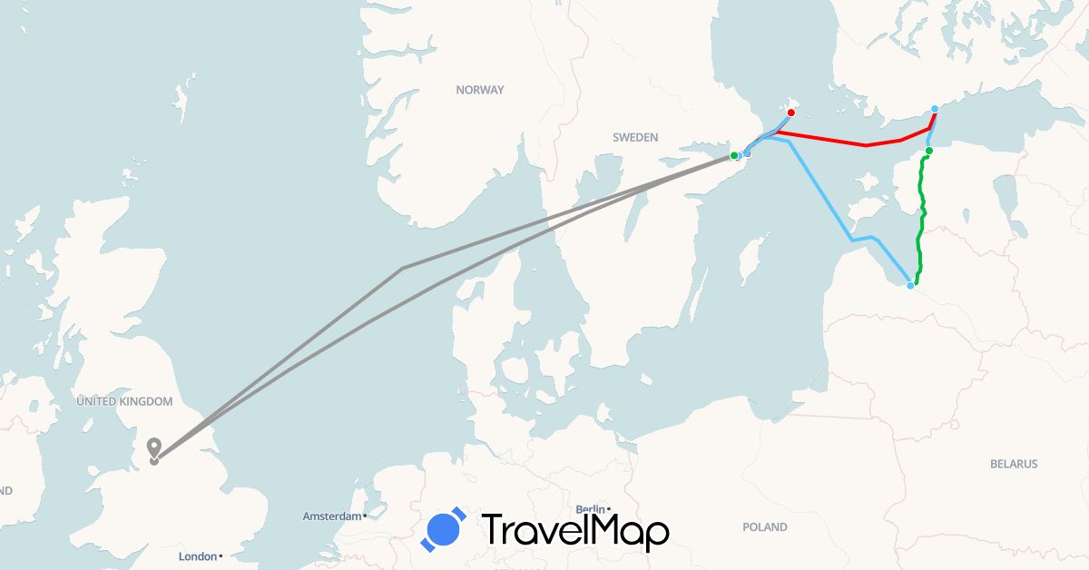 TravelMap itinerary: bus, plane, viking line ferry, silja line ferry in Estonia, Finland, United Kingdom, Latvia, Sweden (Europe)